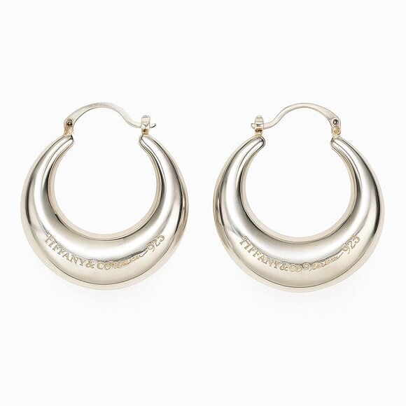 Authentic Tiffany & Co. Sterling Silver Crescent Hoop Earrings .925 – Signed - Picture 1 of 7